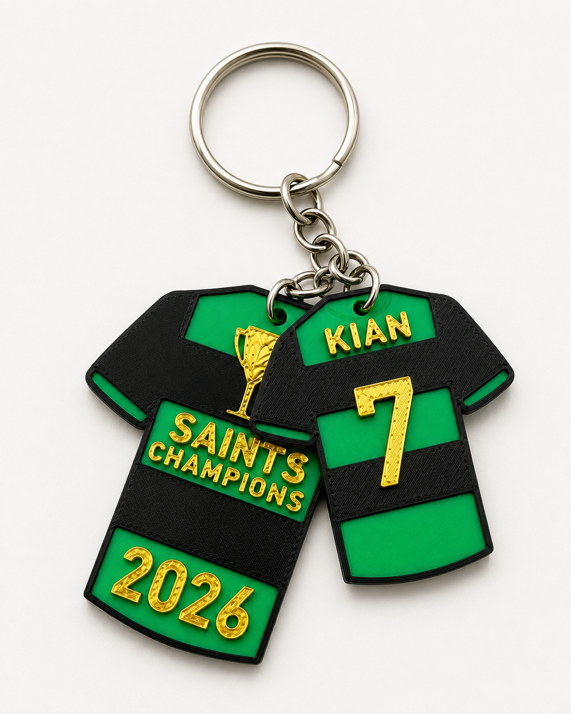 Saints Champions 2026 Keyring | Black Green & Gold Rugby Shirt Keychain | Supporter Gift | 3D Printed Celebration Keepsake