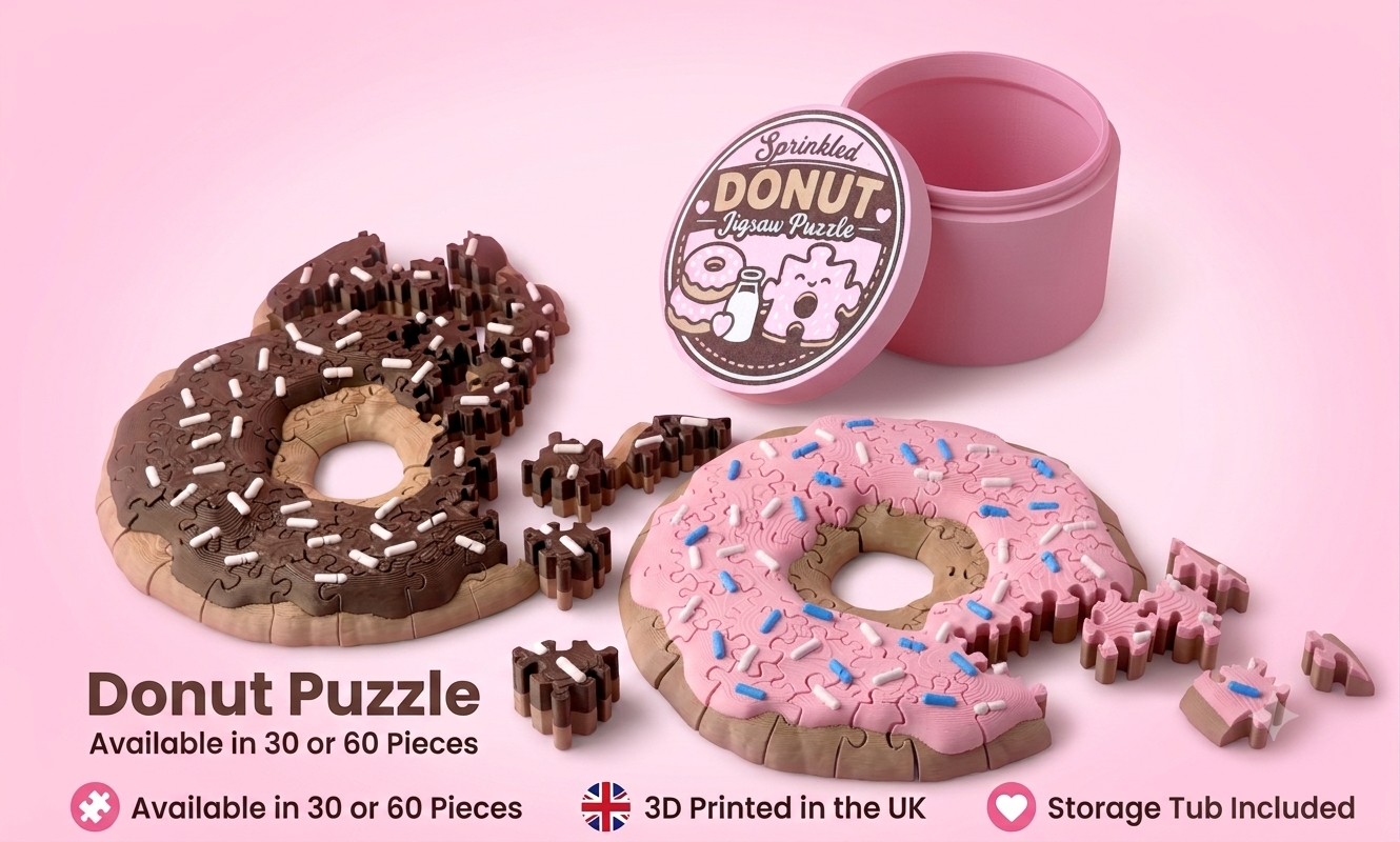 Mini Donut Jigsaw Puzzle – 30 or 60 Piece 3D Printed Puzzle with Storage Tin – Strawberry, Chocolate or Vanilla Icing