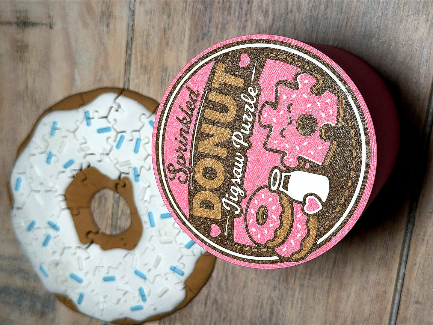 Mini Donut Jigsaw Puzzle – 30 or 60 Piece 3D Printed Puzzle with Storage Tin – Strawberry, Chocolate or Vanilla Icing